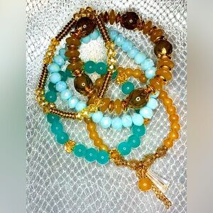 FRIENDSHIP BRACELETS 5 Strands Blue Tan Aqua Crystal Stretchy TAYLOR SWIFT